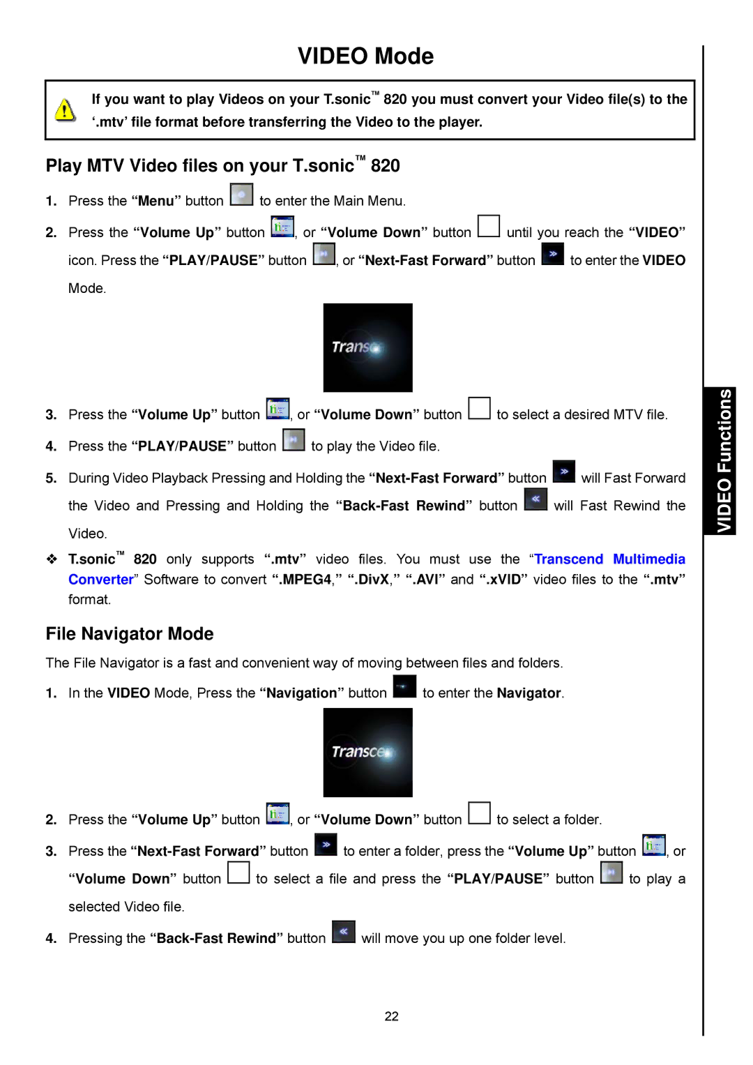 Transcend Information 820 user manual Video Mode, Play MTV Video files on your T.sonic, Video Functions 