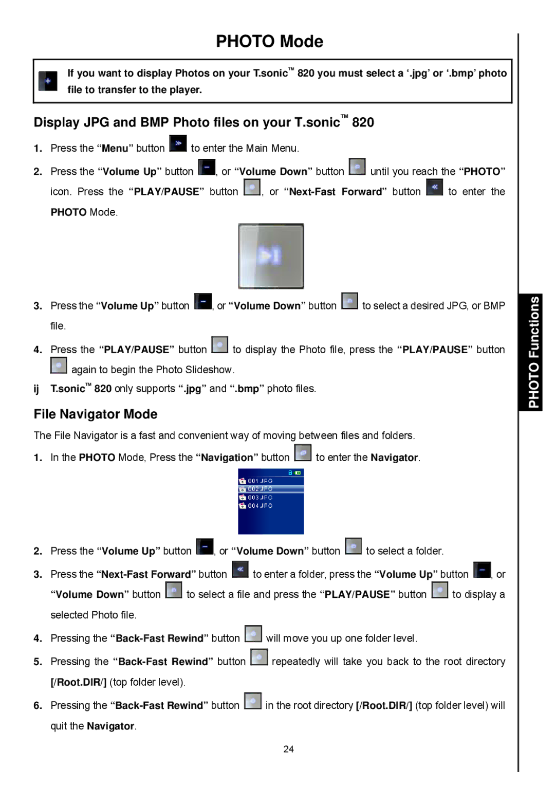 Transcend Information 820 user manual Photo Mode, Display JPG and BMP Photo files on your T.sonic, Photo Functions 
