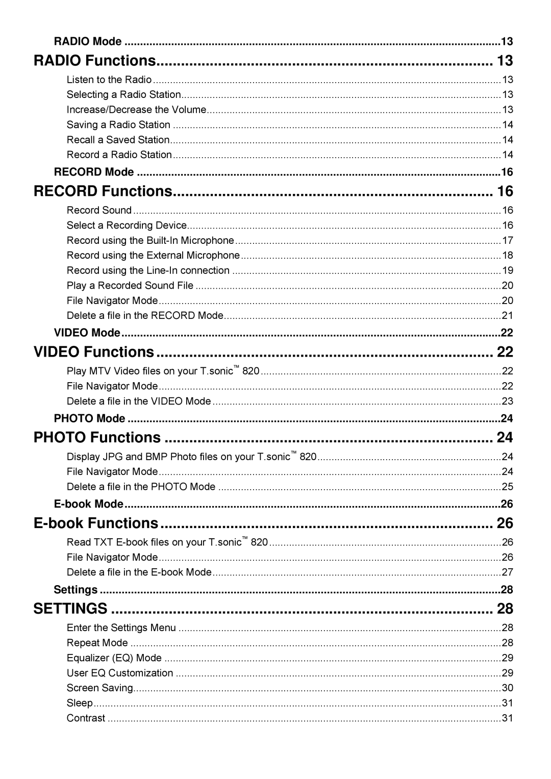 Transcend Information 820 user manual Settings 