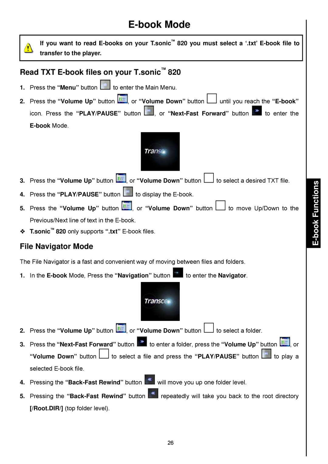 Transcend Information 820 user manual Book Mode, Read TXT E-book files on your T.sonic, BookFunctions 