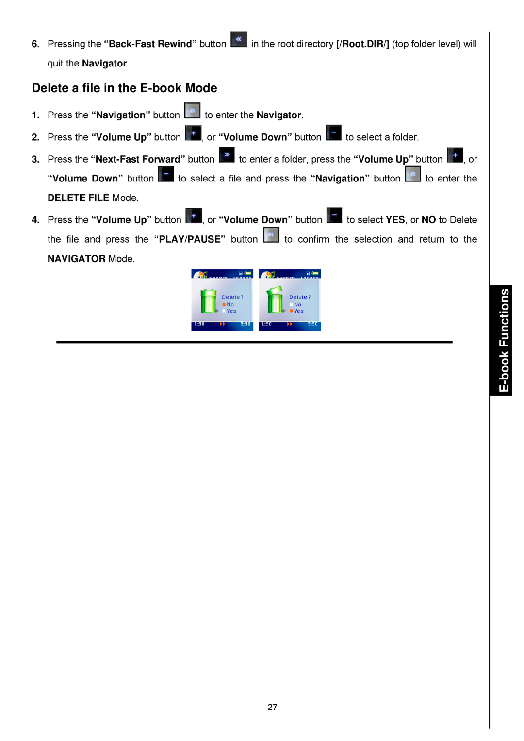 Transcend Information 820 user manual Delete a file in the E-book Mode, Book Functions 