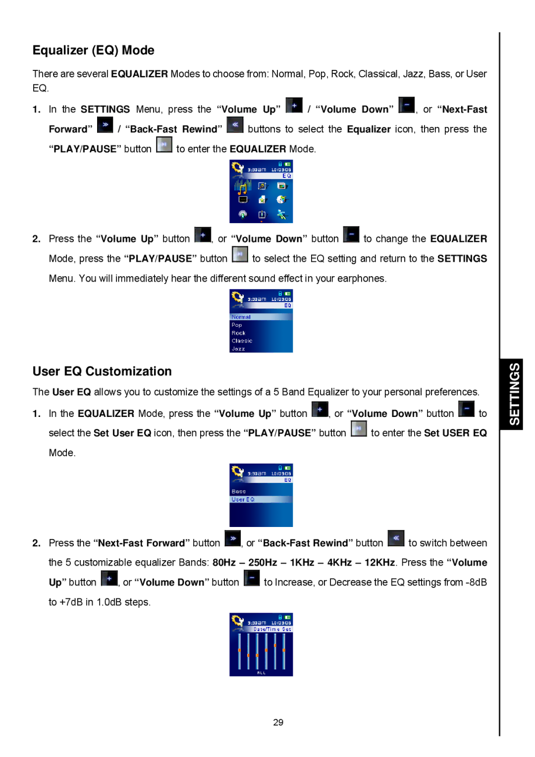 Transcend Information 820 user manual Equalizer EQ Mode, User EQ Customization 