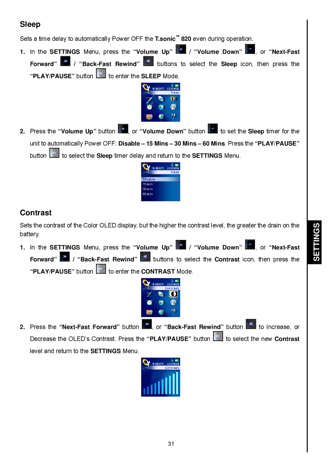 Transcend Information 820 user manual Sleep, Contrast 