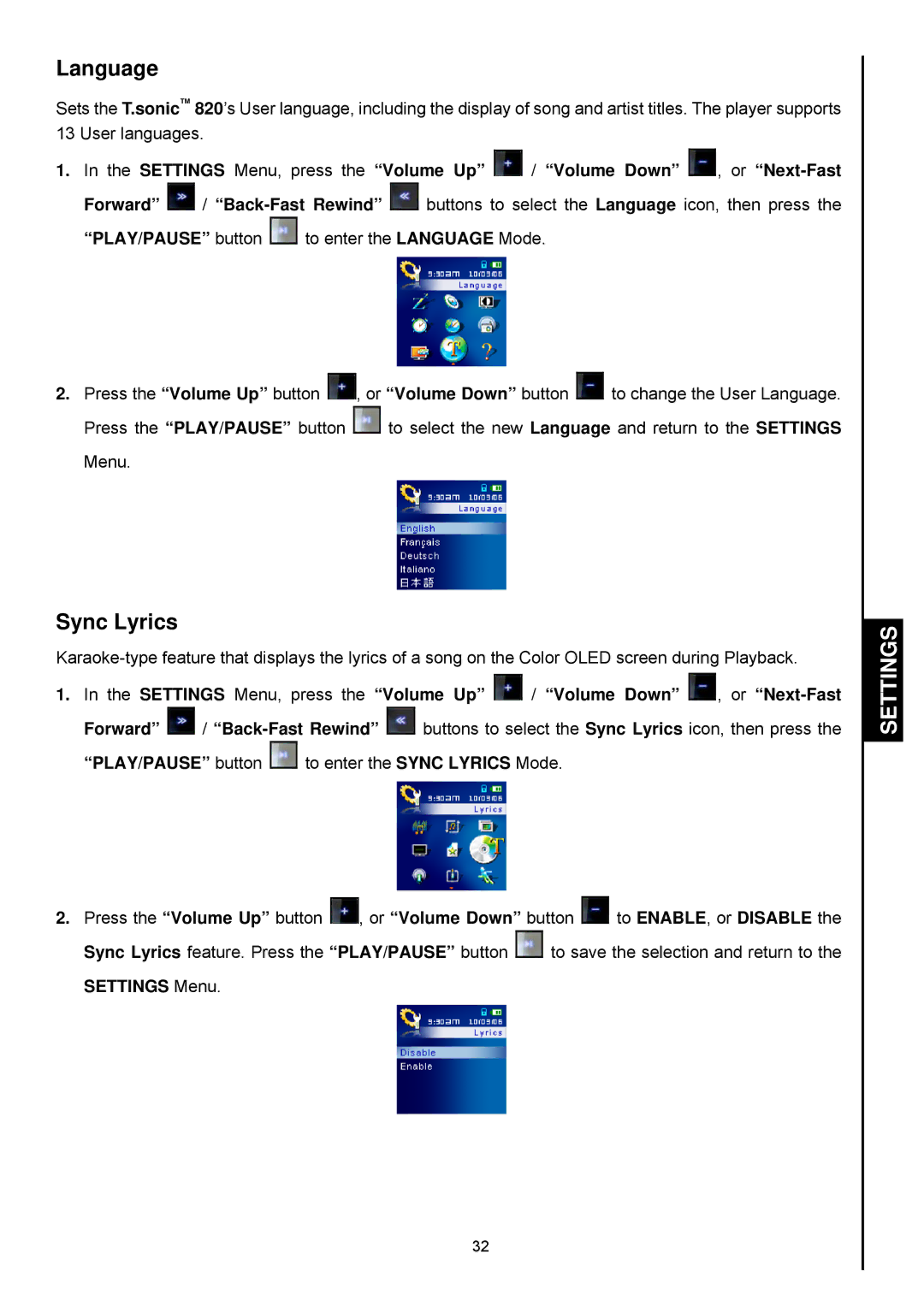 Transcend Information 820 user manual Language, Sync Lyrics 