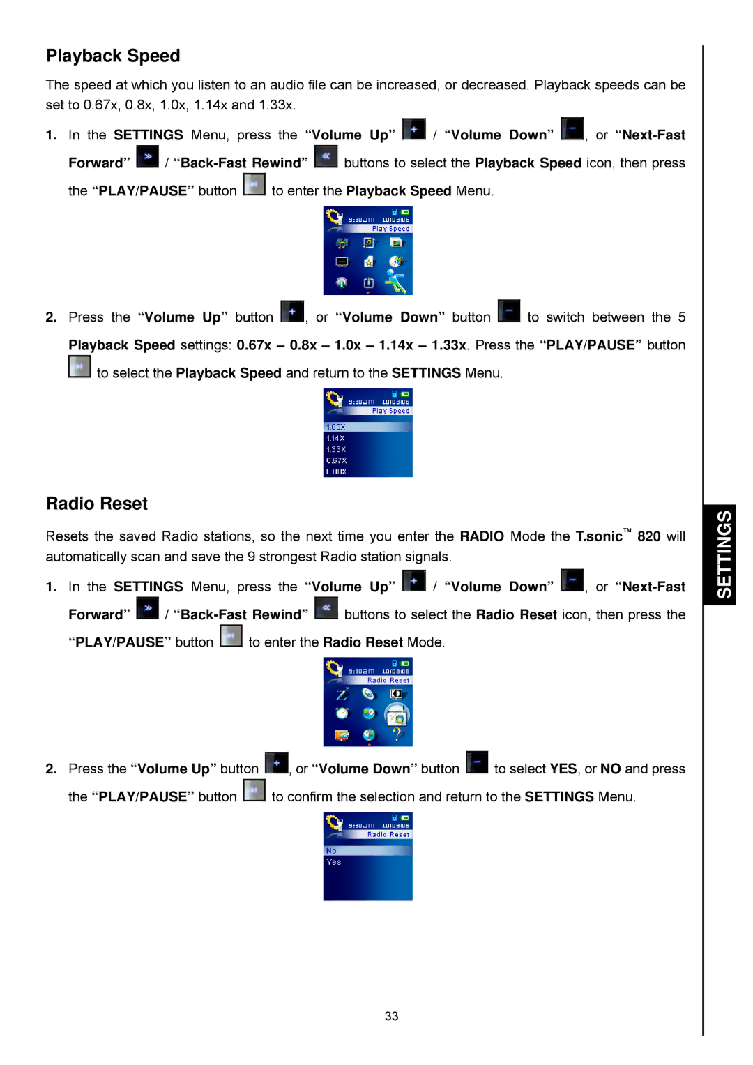 Transcend Information 820 user manual Playback Speed, Radio Reset 