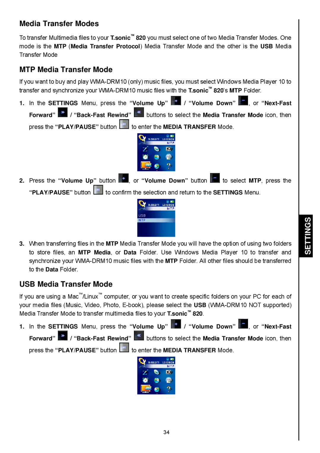 Transcend Information 820 user manual Media Transfer Modes, MTP Media Transfer Mode, USB Media Transfer Mode 