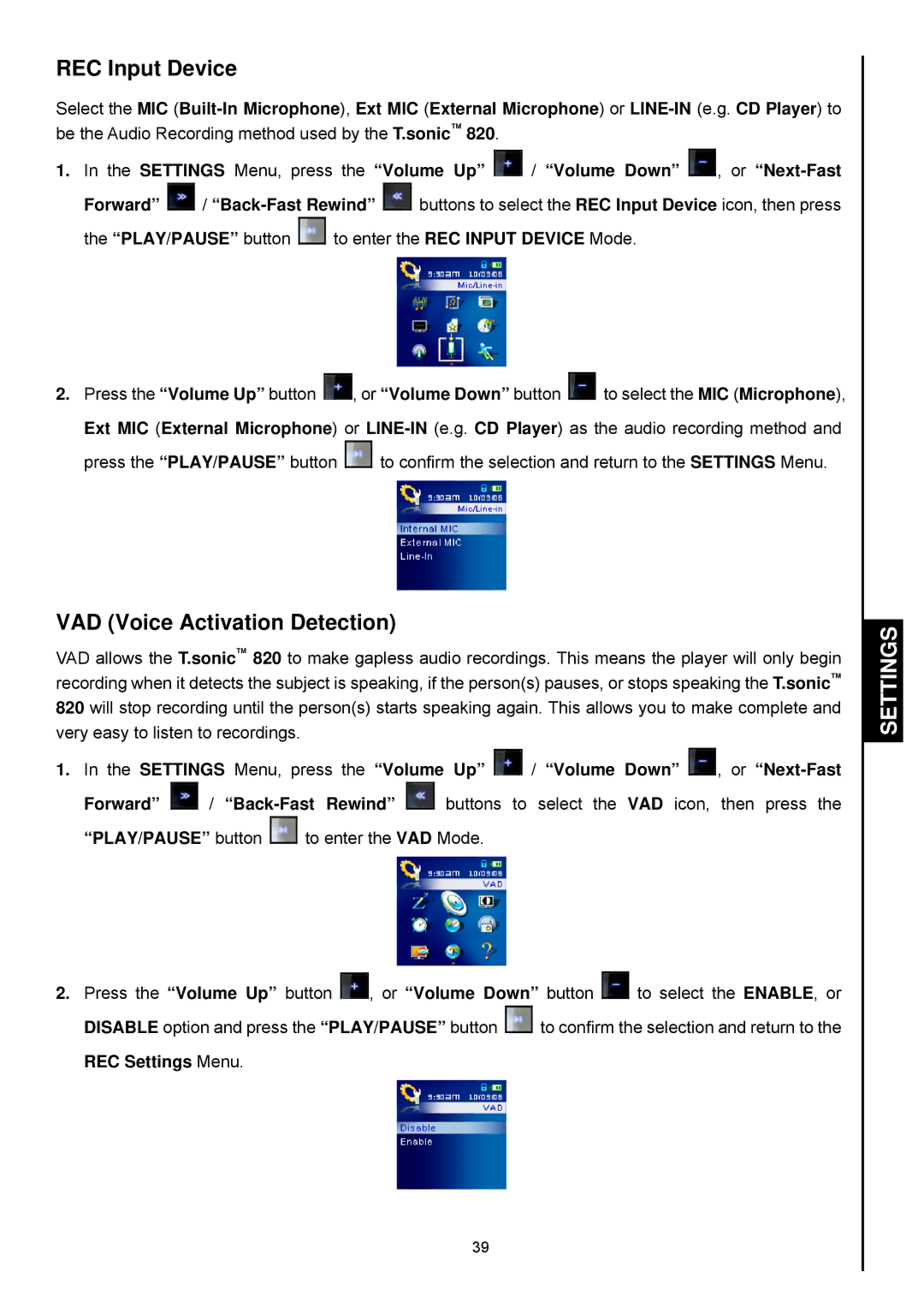 Transcend Information 820 user manual REC Input Device, VAD Voice Activation Detection 