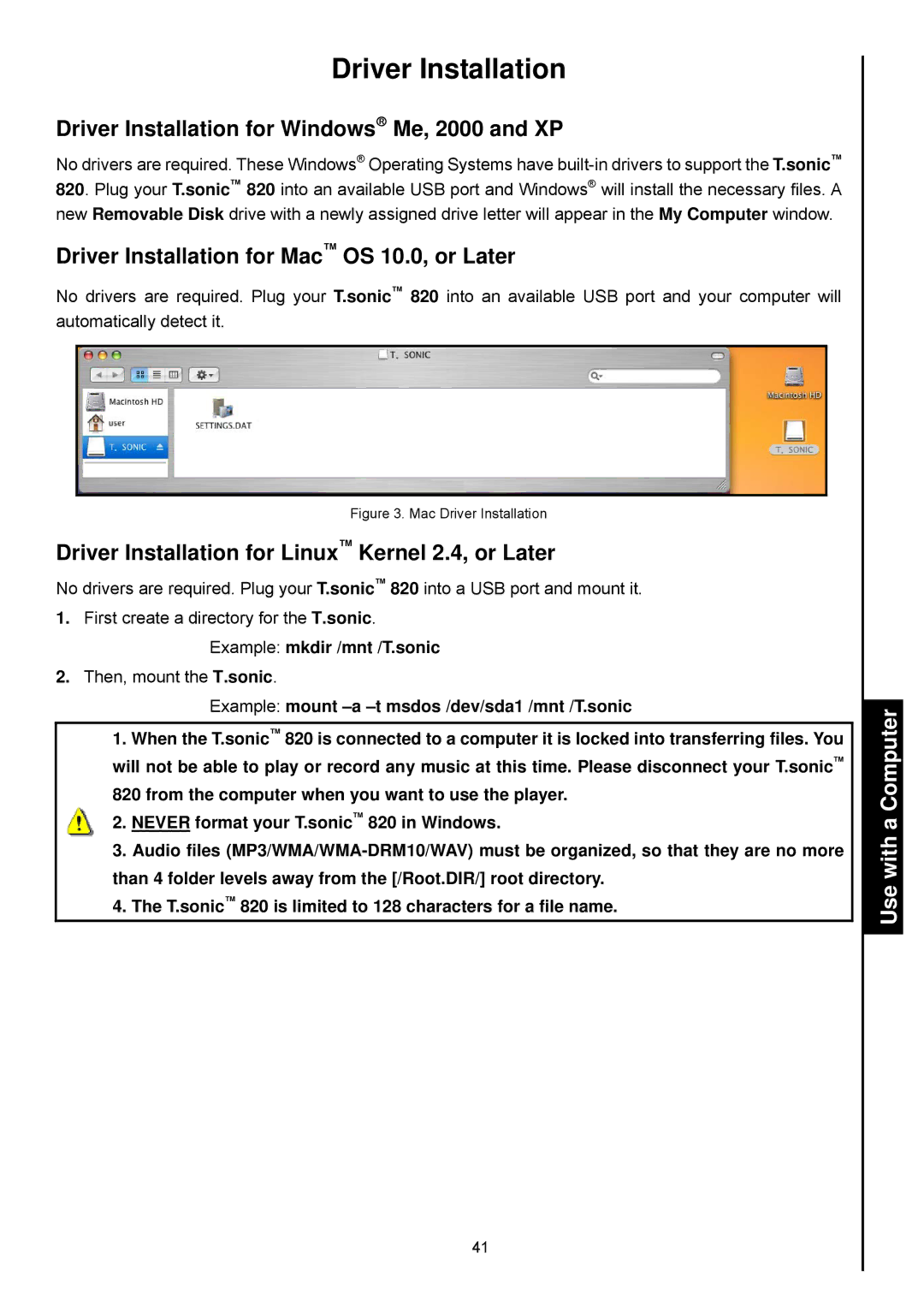 Transcend Information 820 user manual Driver Installation for Windows→ Me, 2000 and XP, Use with a Computer 