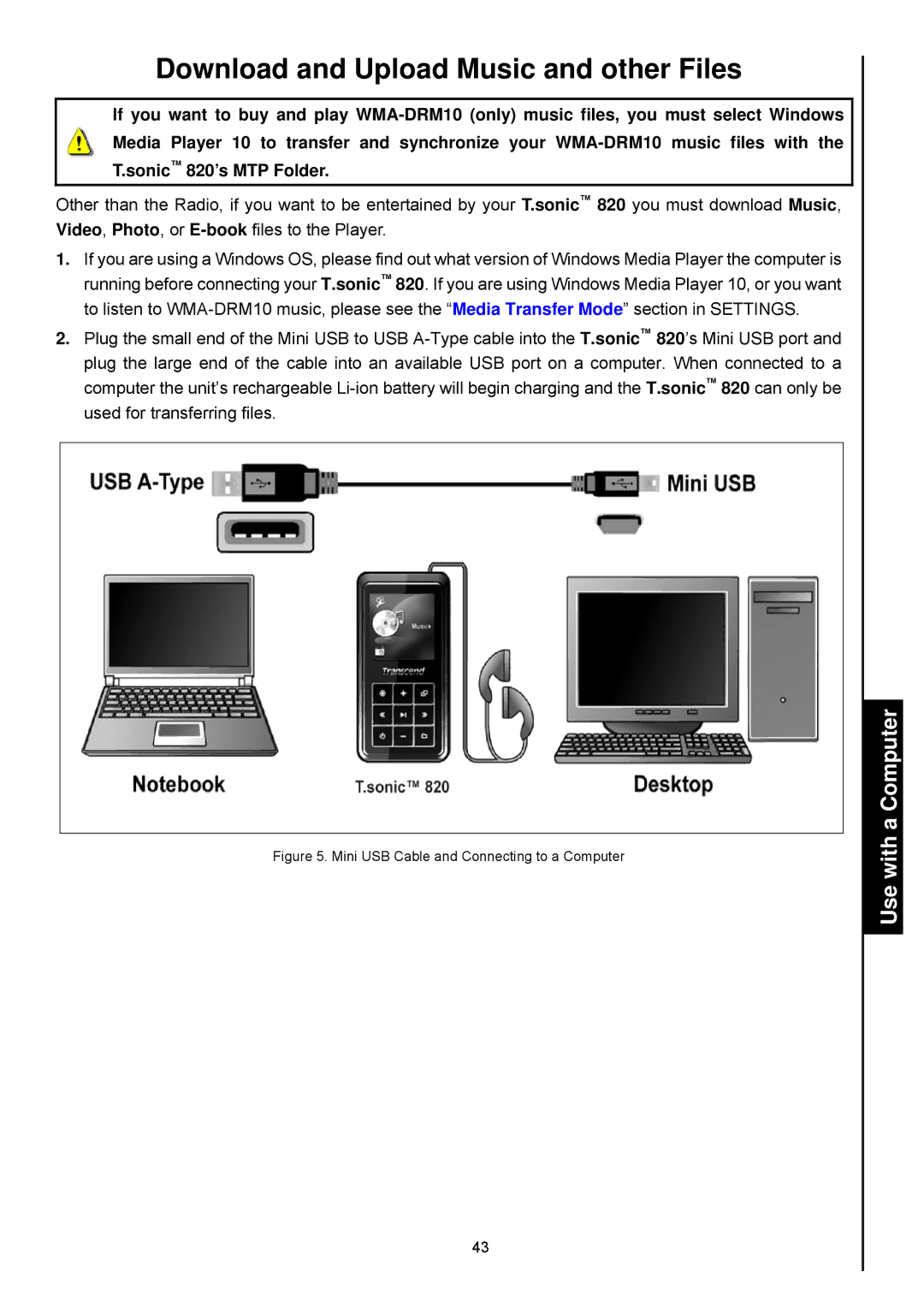 Transcend Information 820 Download and Upload Music and other Files, Mini USB Cable and Connecting to a Computer 