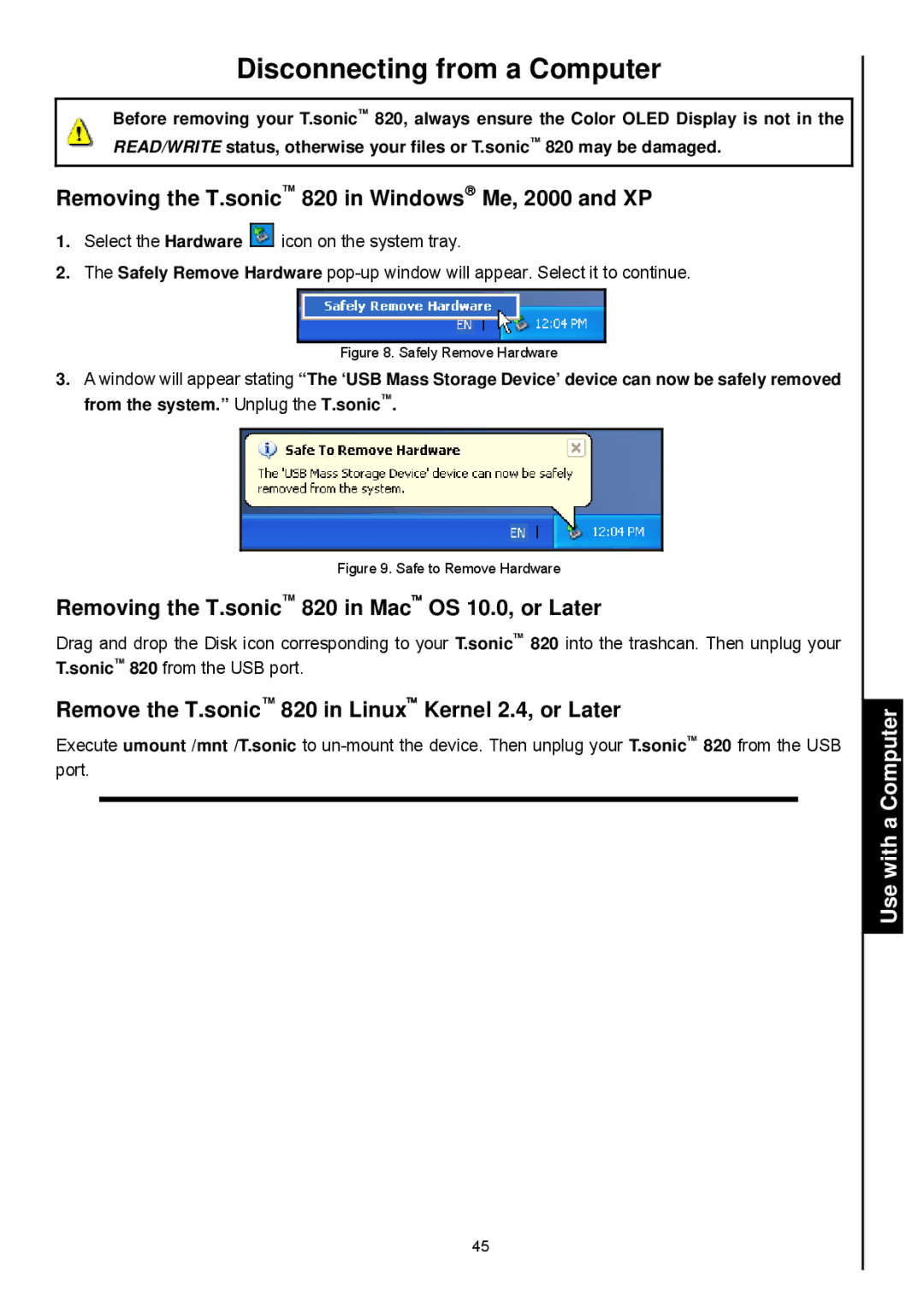 Transcend Information user manual Disconnecting from a Computer, Removing the T.sonic 820 in Windows→ Me, 2000 and XP 