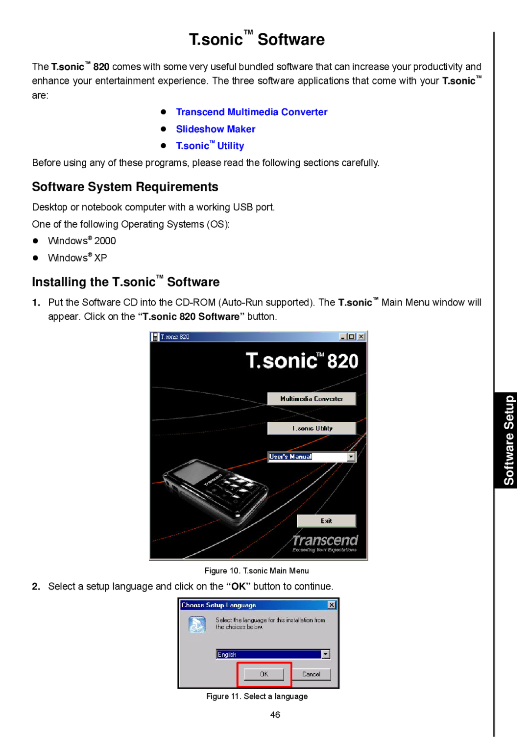 Transcend Information 820 Sonic Software, Software System Requirements, Installing the T.sonic Software, Software Setup 