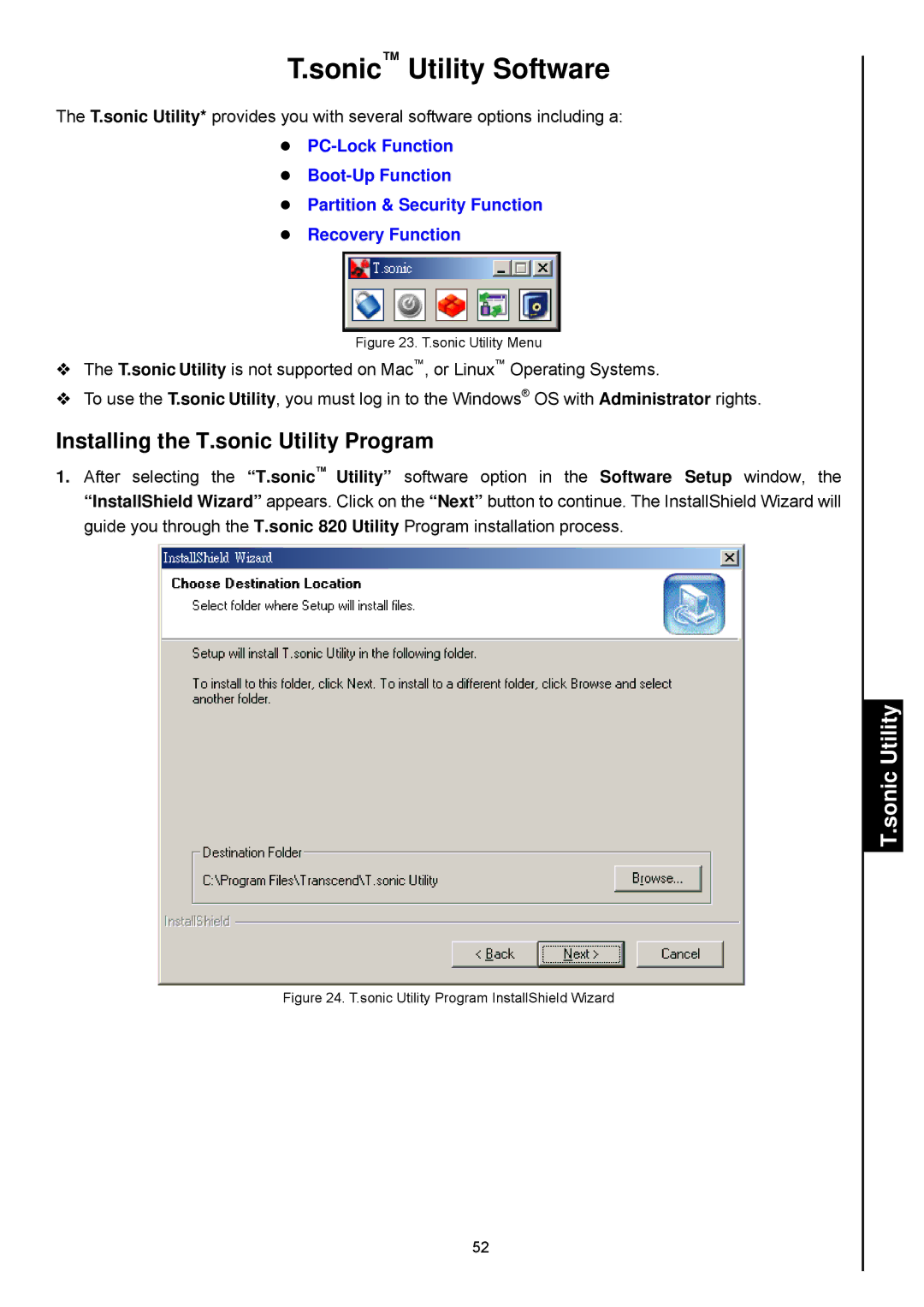 Transcend Information 820 user manual Sonic Utility Software, Installing the T.sonic Utility Program 