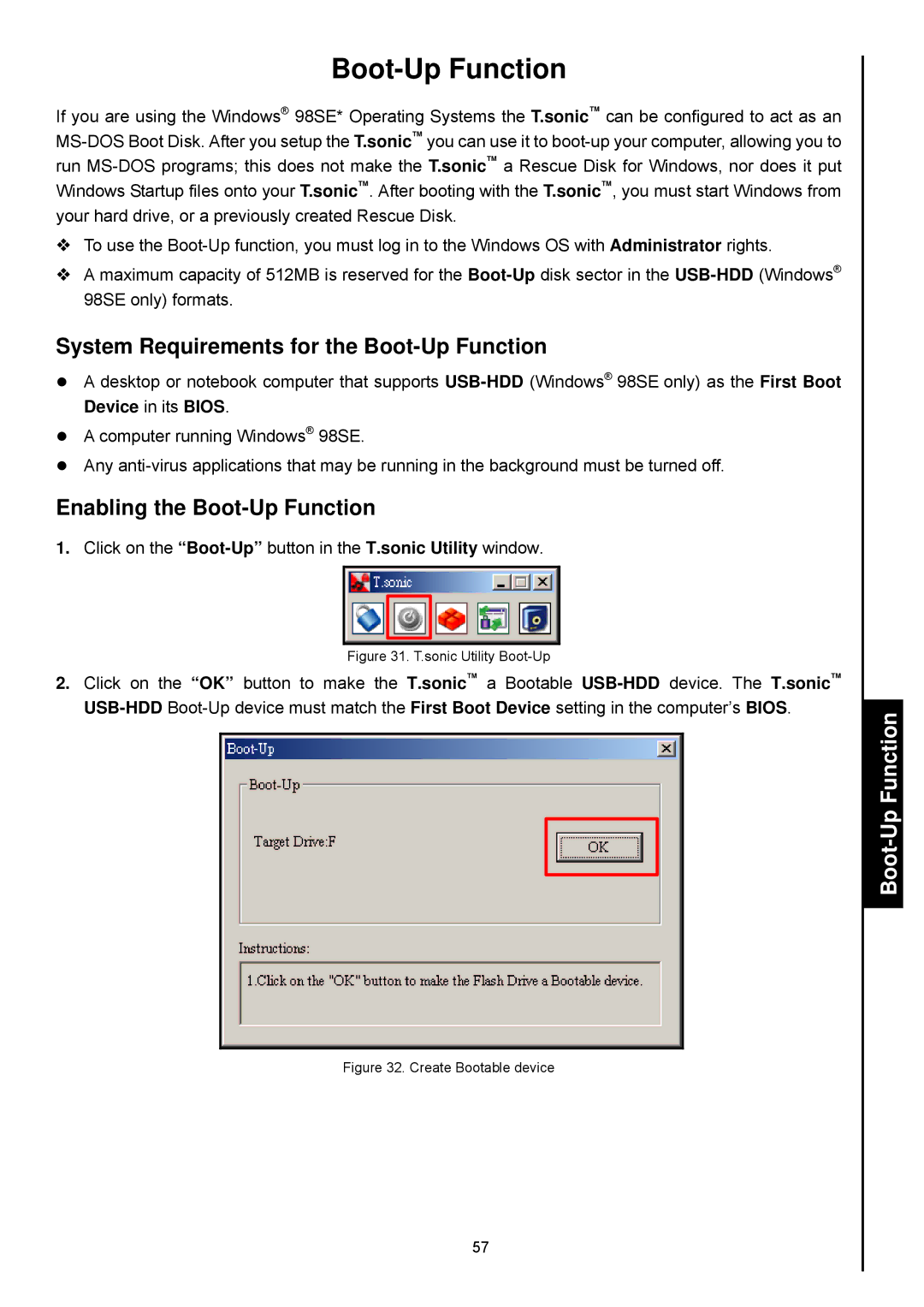 Transcend Information 820 user manual System Requirements for the Boot-Up Function, Enabling the Boot-Up Function 