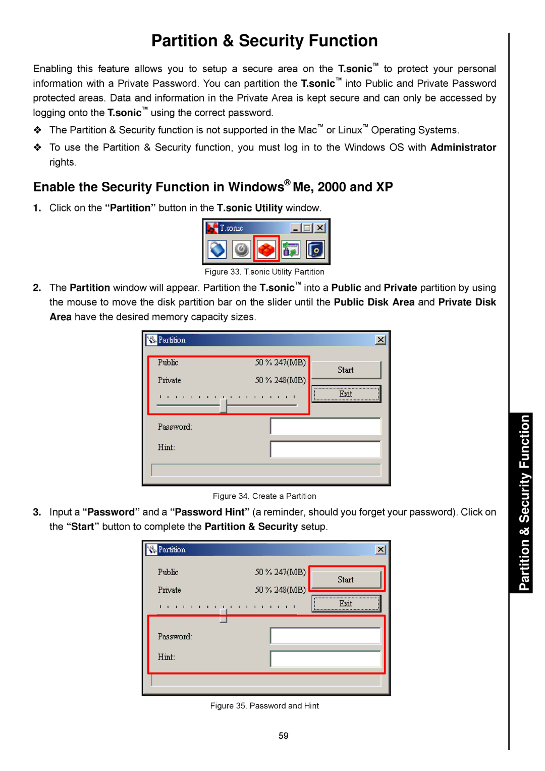 Transcend Information 820 Partition & Security Function, Enable the Security Function in Windows Me, 2000 and XP 