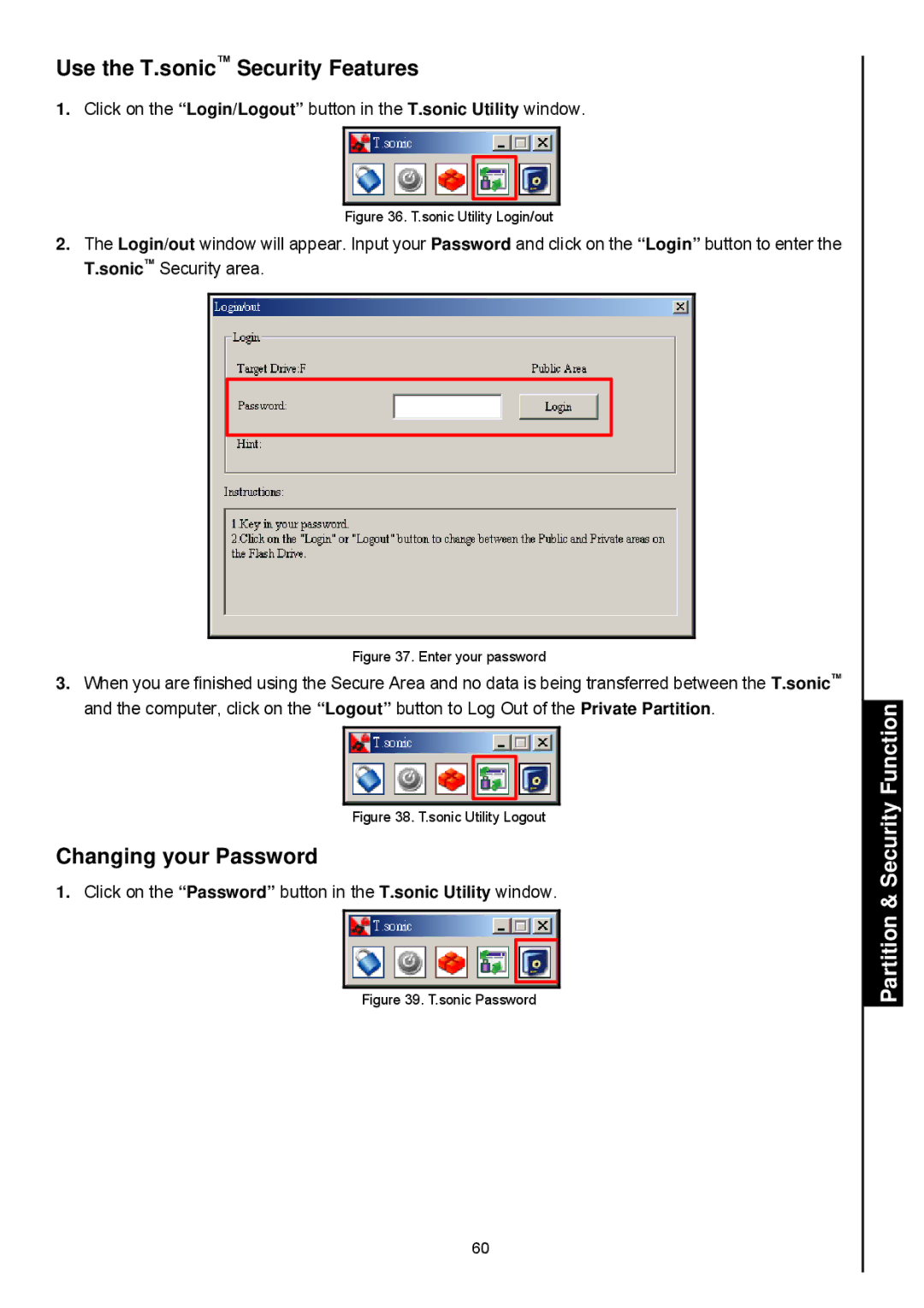 Transcend Information 820 user manual Use the T.sonic Security Features, Changing your Password 