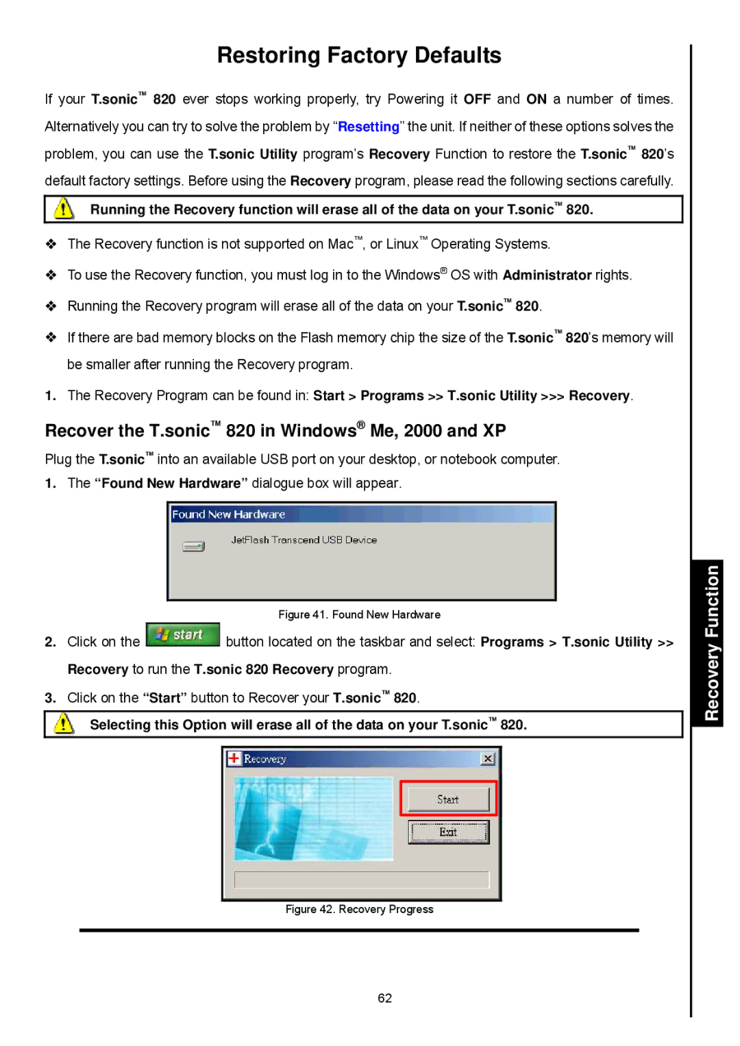 Transcend Information Restoring Factory Defaults, Recover the T.sonic 820 in Windows Me, 2000 and XP, Recovery Function 