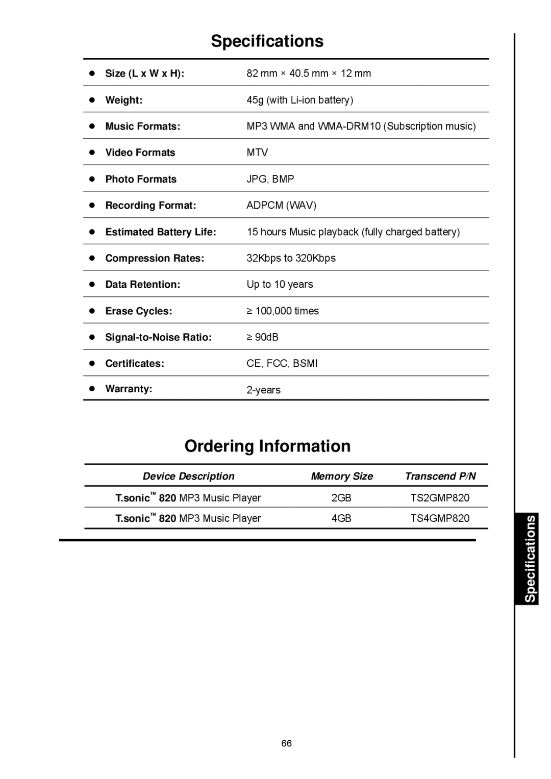 Transcend Information 820 user manual Specifications, Ordering Information 