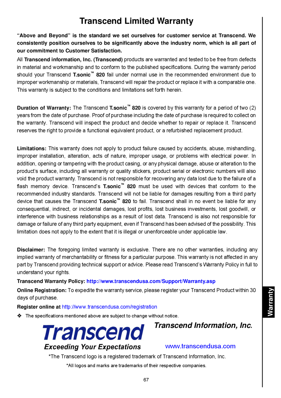 Transcend Information 820 user manual Transcend Limited Warranty 