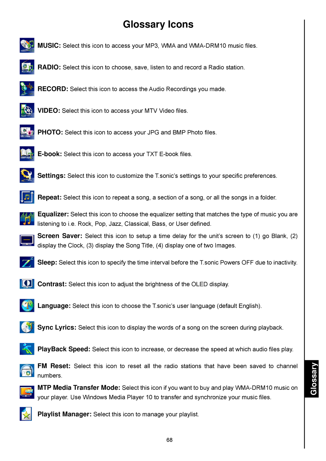 Transcend Information 820 user manual Glossary Icons 