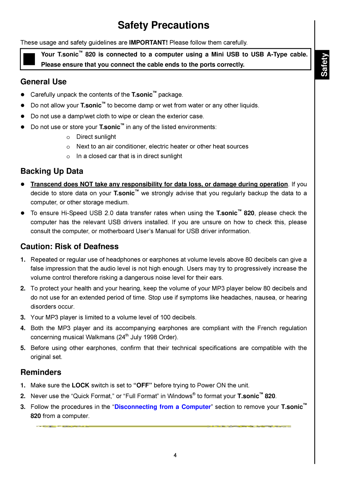 Transcend Information 820 user manual Safety Precautions, General Use, Backing Up Data, Reminders 