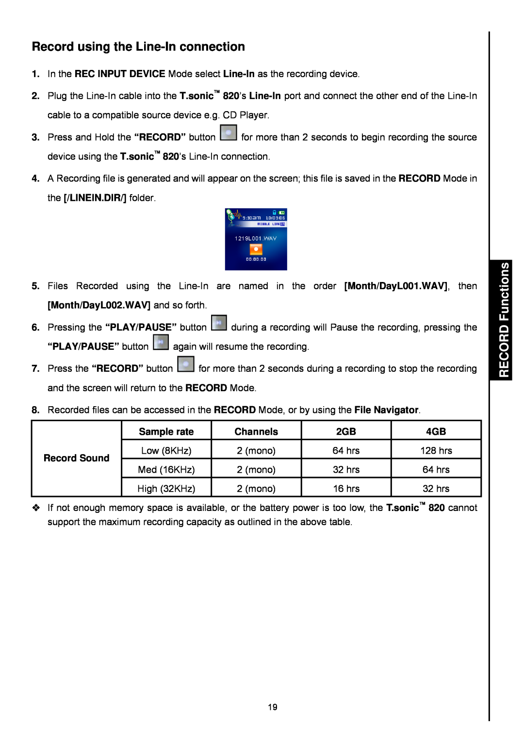 Transcend Information 820 user manual Record using the Line-Inconnection, RECORD Functions 