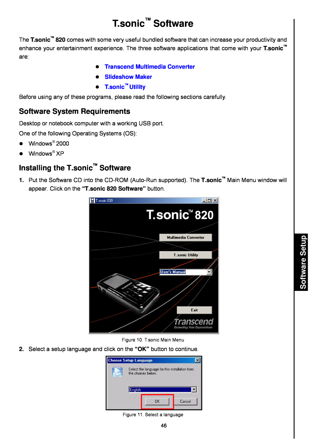 Transcend Information 820 user manual Software Setup, Software System Requirements, Installing the T.sonic Software 