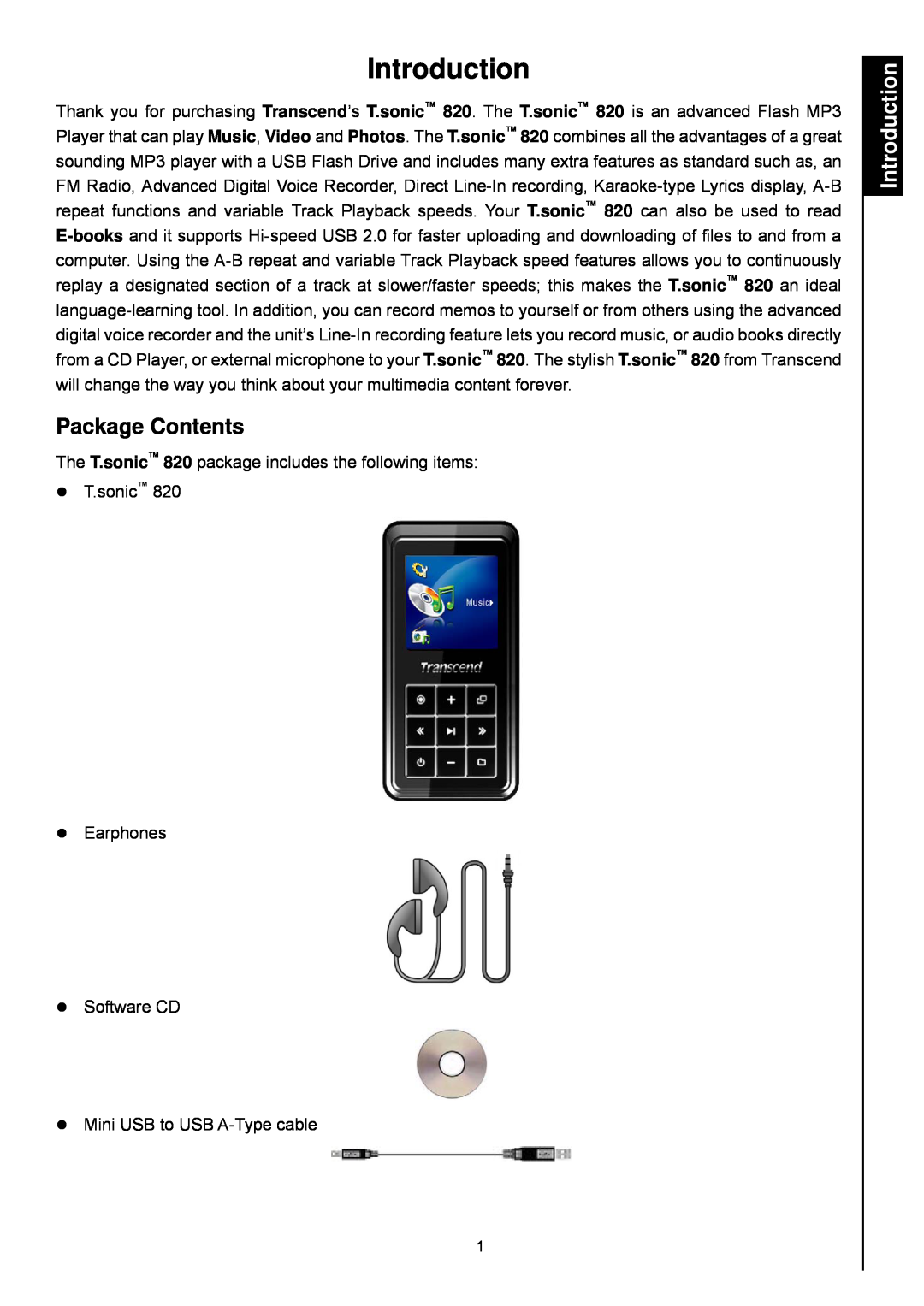 Transcend Information 820 user manual Introduction, Package Contents 