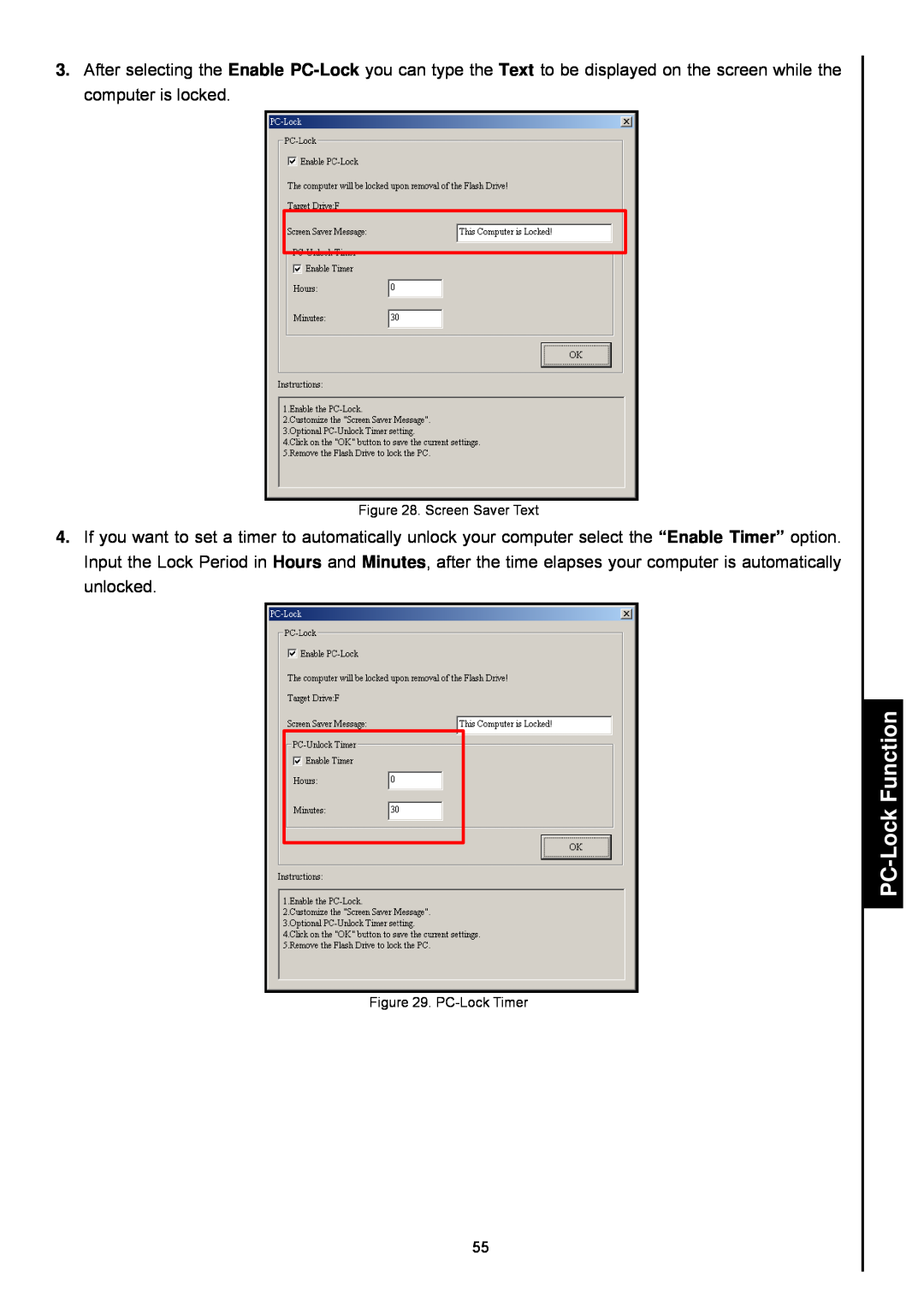 Transcend Information 820 user manual PC-LockFunction, Screen Saver Text, PC-LockTimer 
