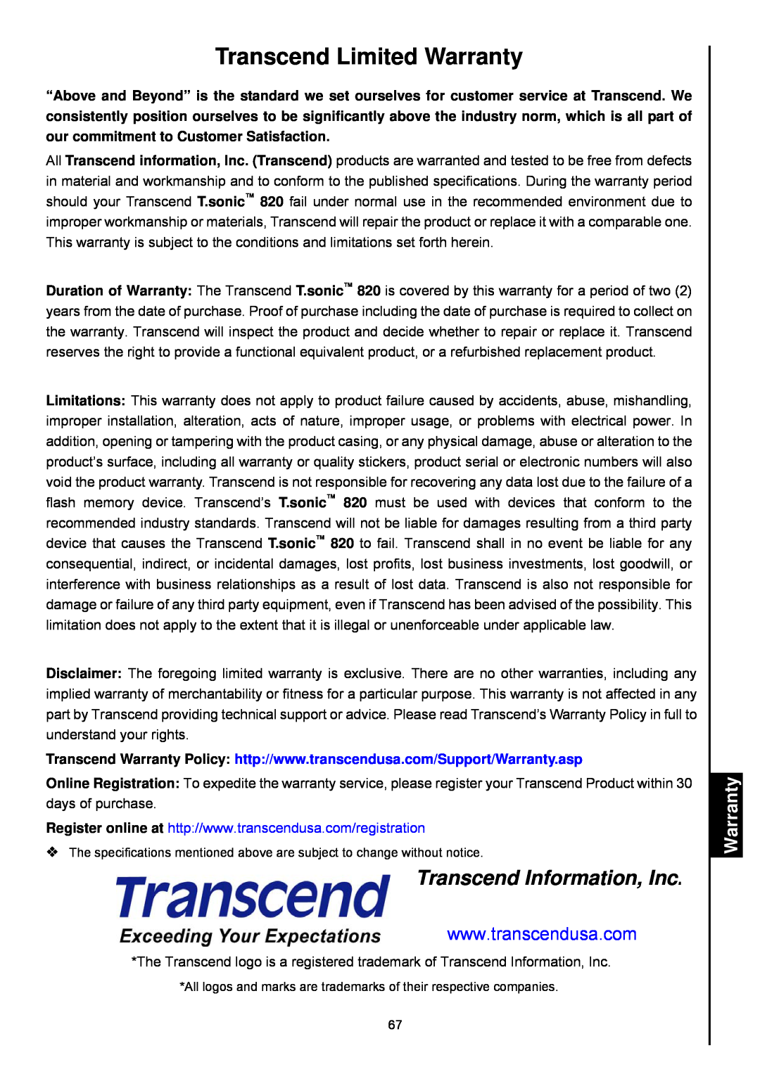 Transcend Information 820 user manual Transcend Limited Warranty, Transcend Information, Inc 