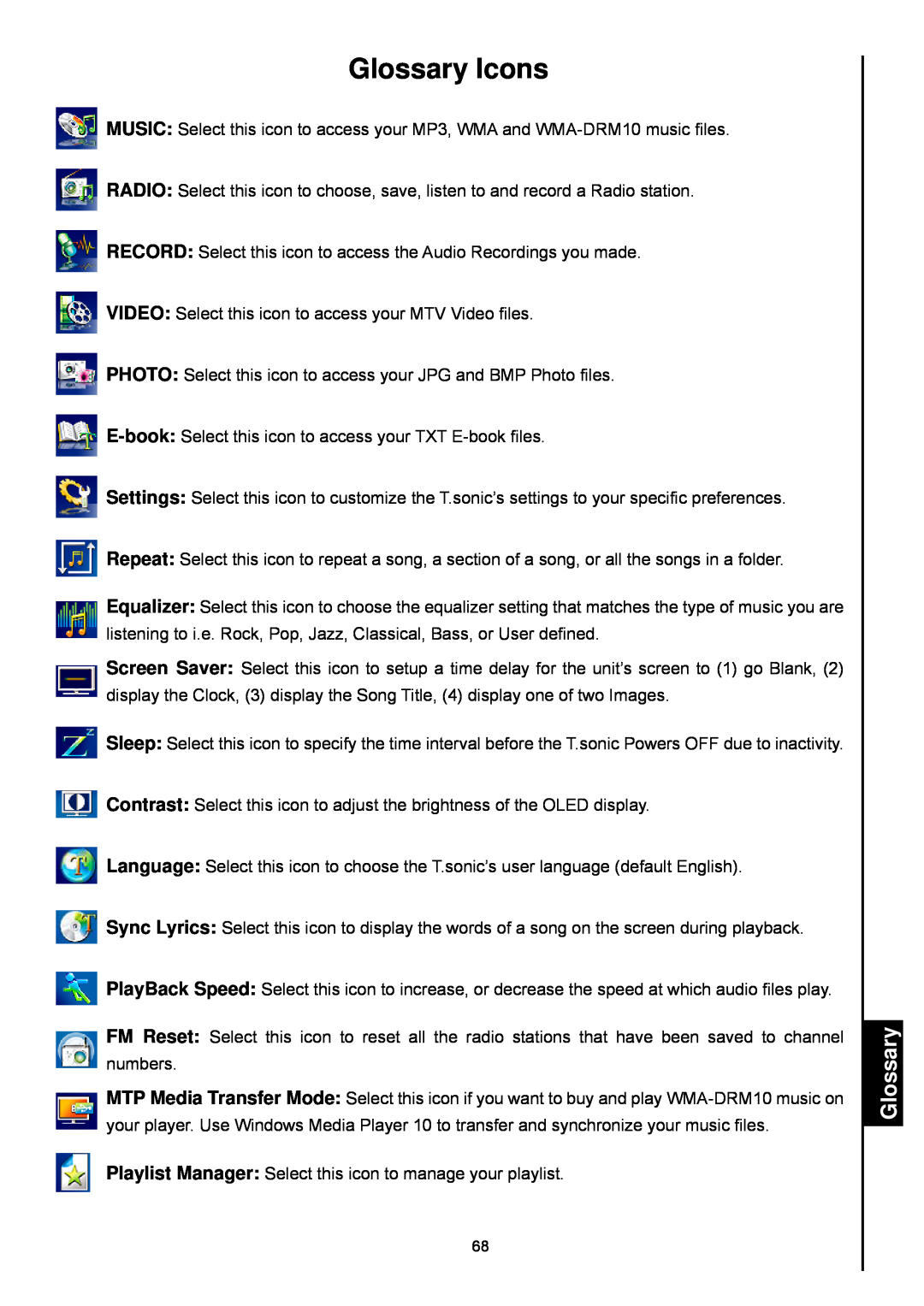 Transcend Information 820 user manual Glossary Icons 