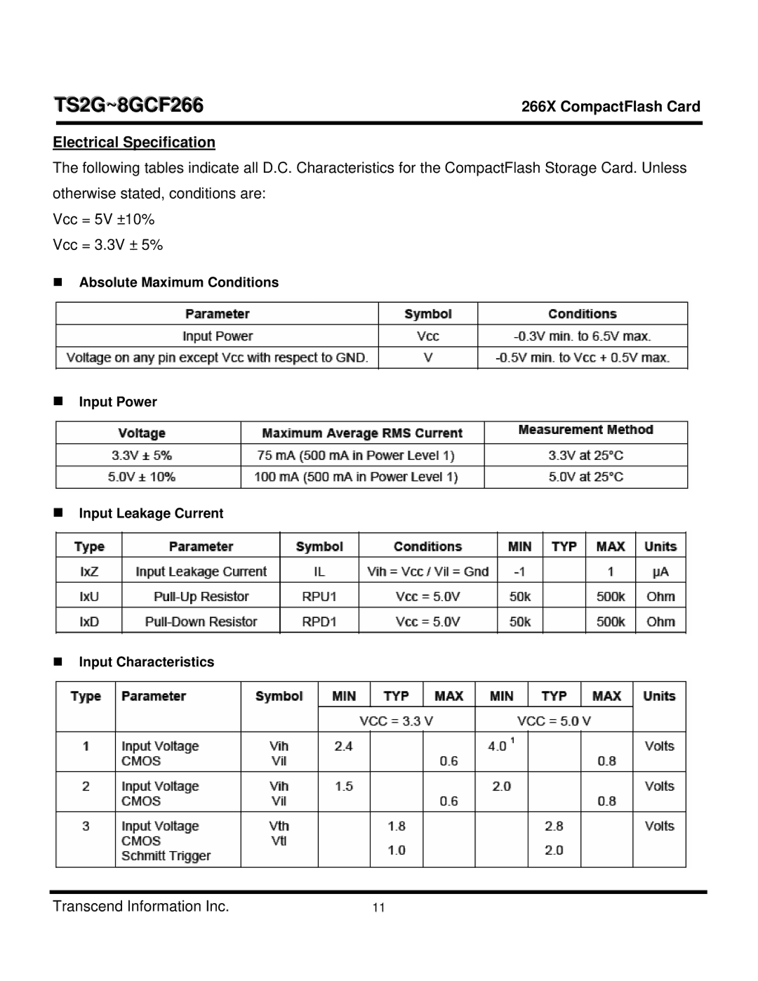 Transcend Information CF 266X dimensions Electrical Specification 