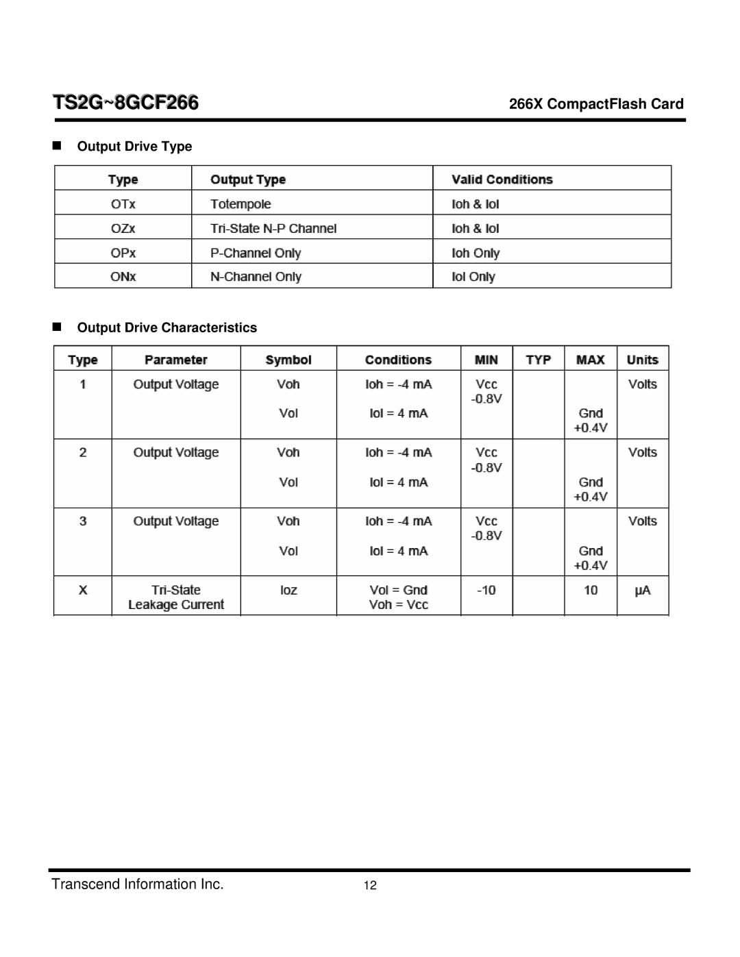 Transcend Information CF 266X dimensions „ Output Drive Type „ Output Drive Characteristics 