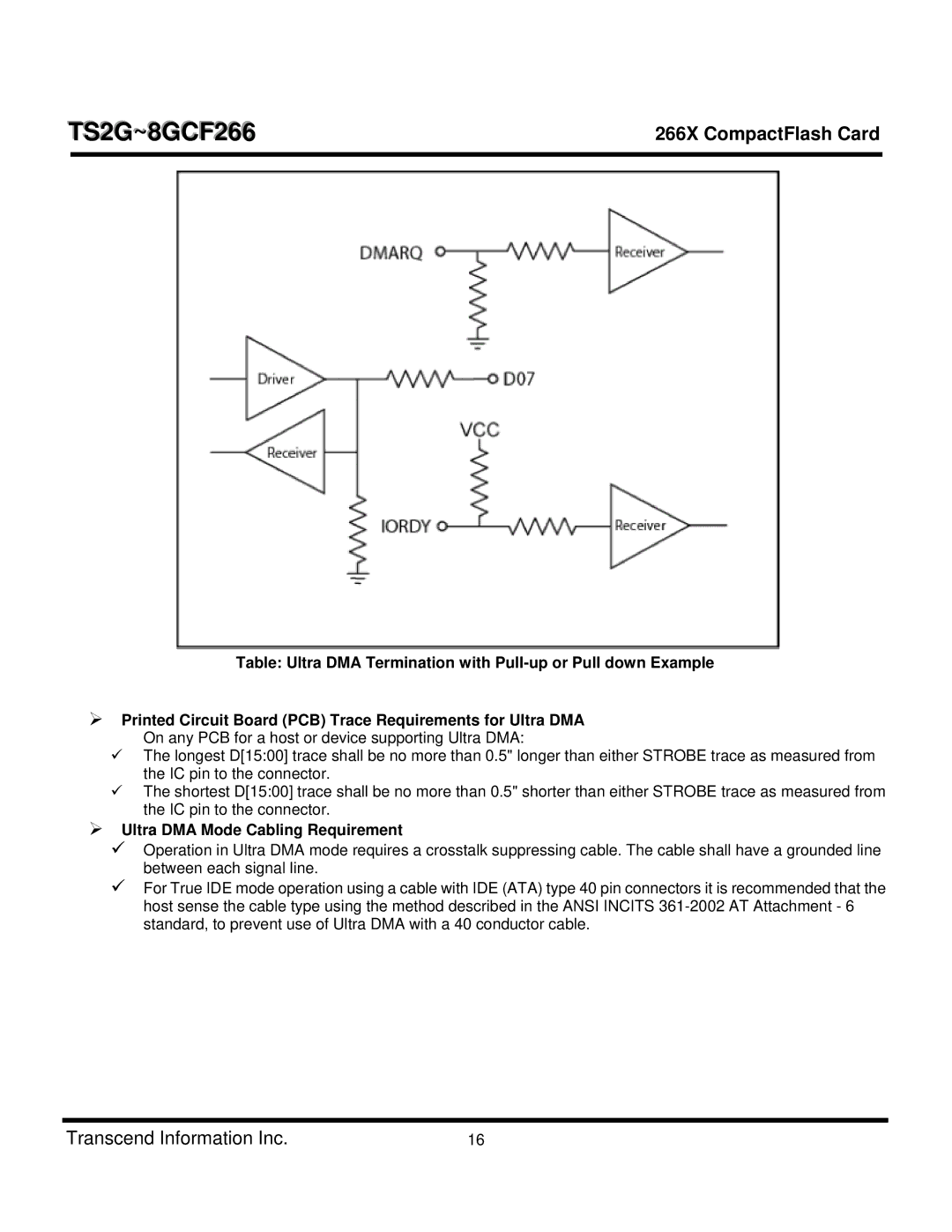 Transcend Information CF 266X dimensions ¾ Ultra DMA Mode Cabling Requirement 