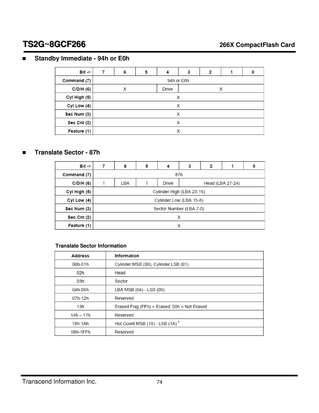 Transcend Information CF 266X „ Standby Immediate 94h or E0h „ Translate Sector 87h, Translate Sector Information 