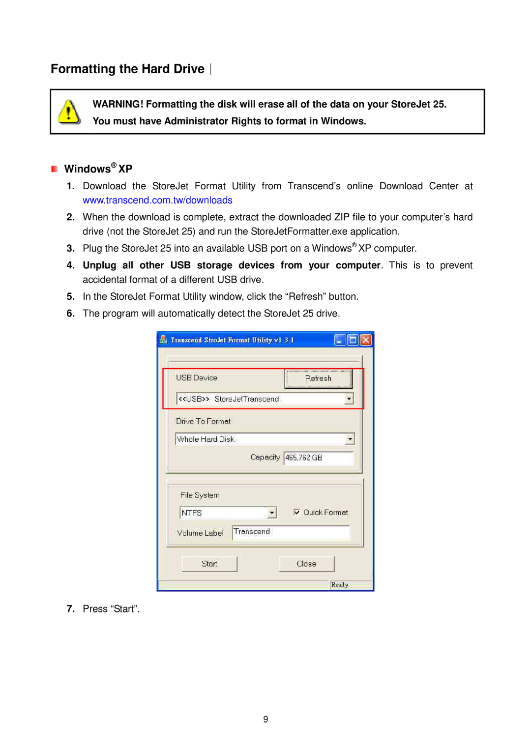 Transcend Information Computer Drive user manual Formatting the Hard Drive︱, Windows XP 