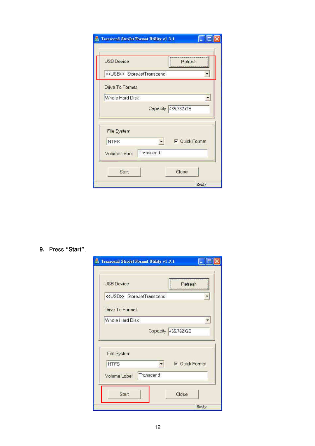 Transcend Information Computer Drive user manual Press Start 