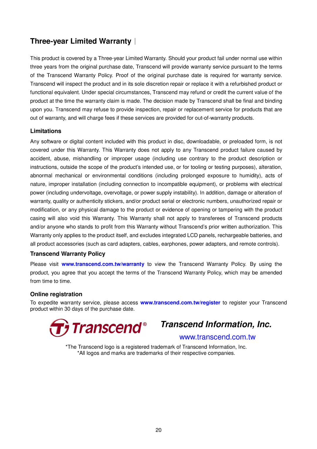 Transcend Information Computer Drive user manual Three-year Limited Warranty︱, Limitations 