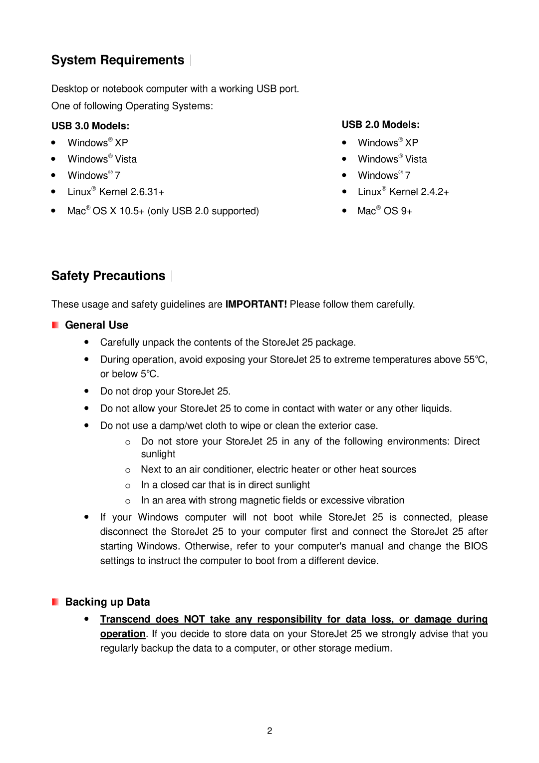 Transcend Information Computer Drive user manual General Use, USB 3.0 Models USB 2.0 Models 