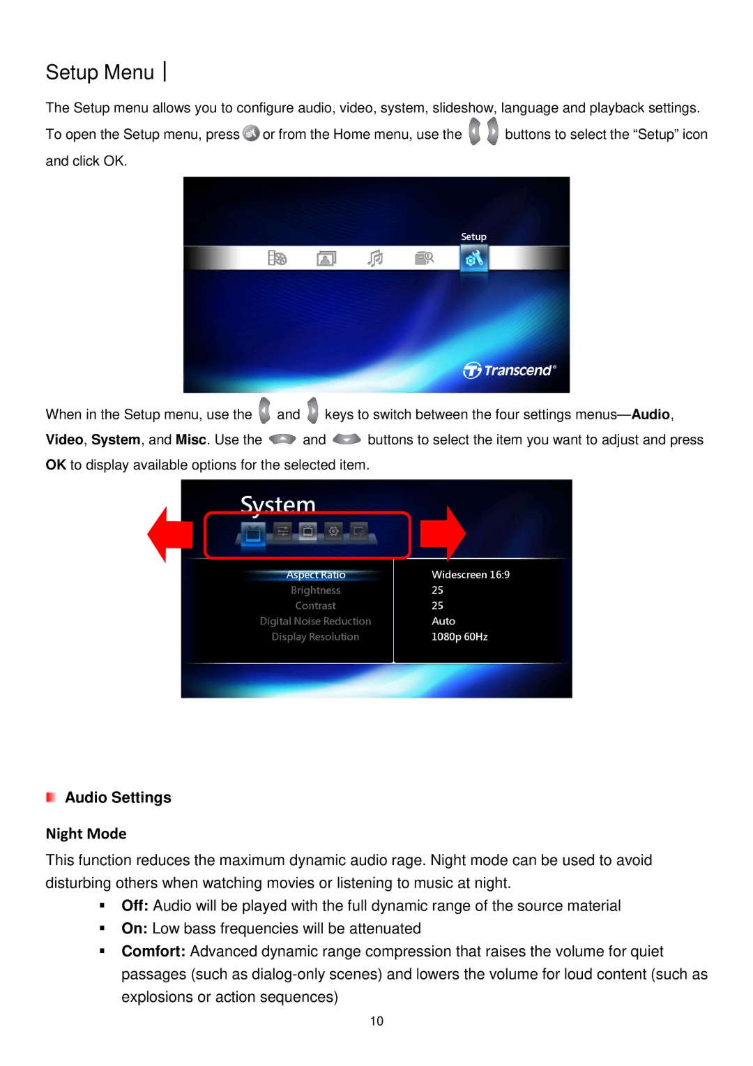 Transcend Information DMP10 user manual Setup Menu︱, Night Mode, Audio Settings 