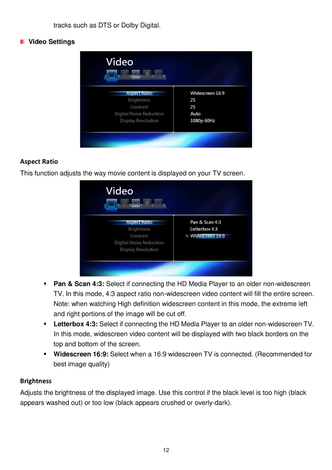 Transcend Information DMP10 user manual Aspect Ratio, Brightness, Video Settings 