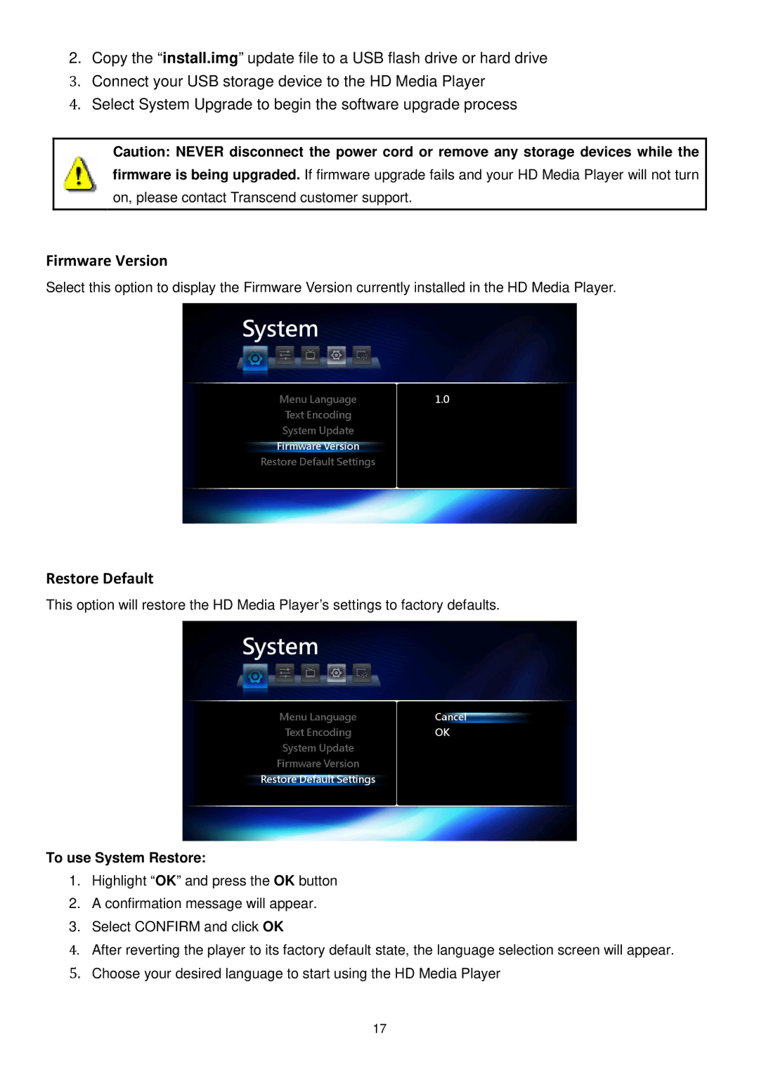 Transcend Information DMP10 user manual Firmware Version, Restore Default 