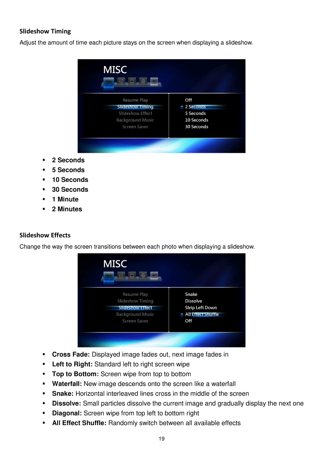 Transcend Information DMP10 user manual Slideshow Timing, Slideshow Effects, Seconds Minute Minutes 