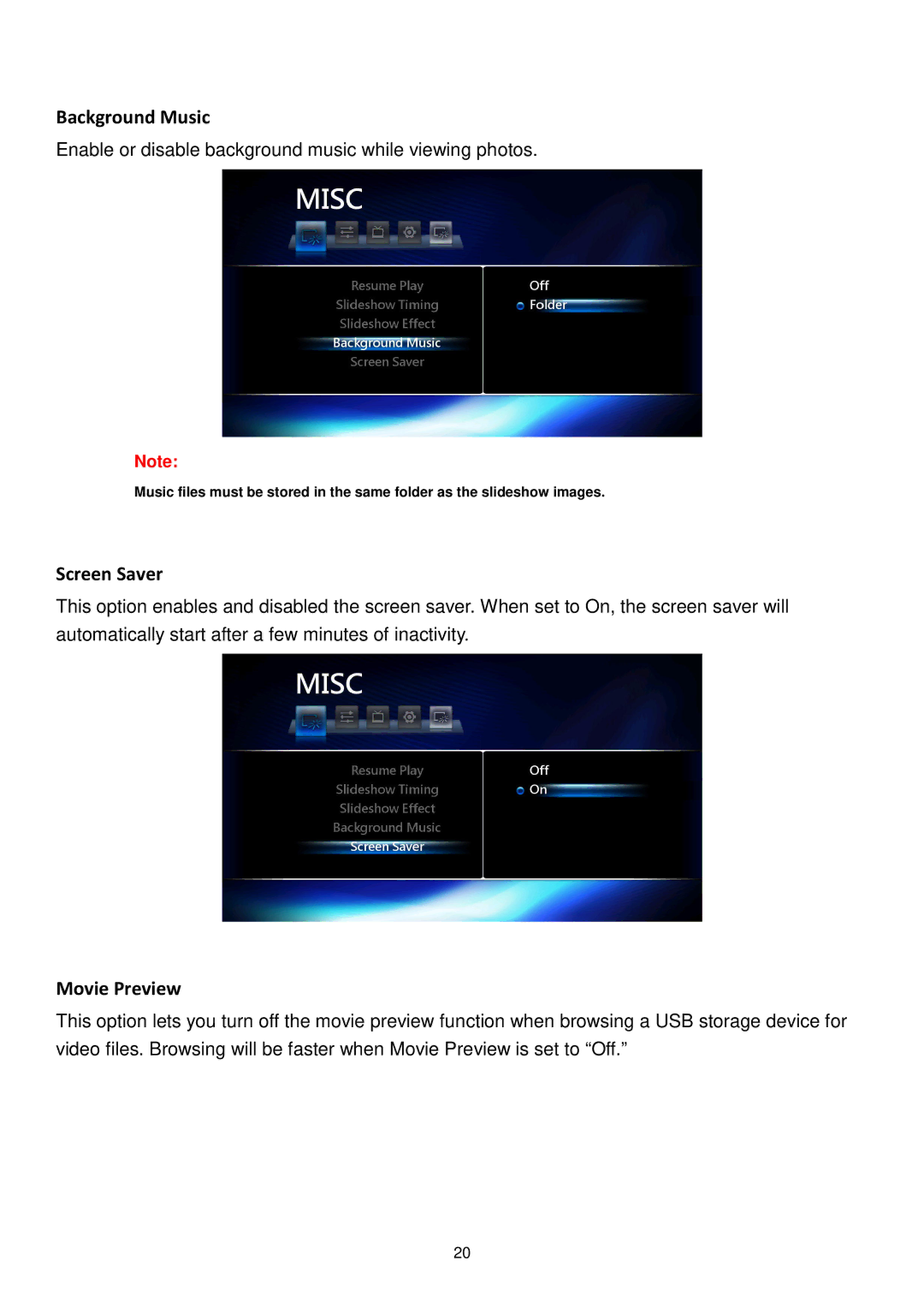 Transcend Information DMP10 user manual Background Music, Screen Saver, Movie Preview 