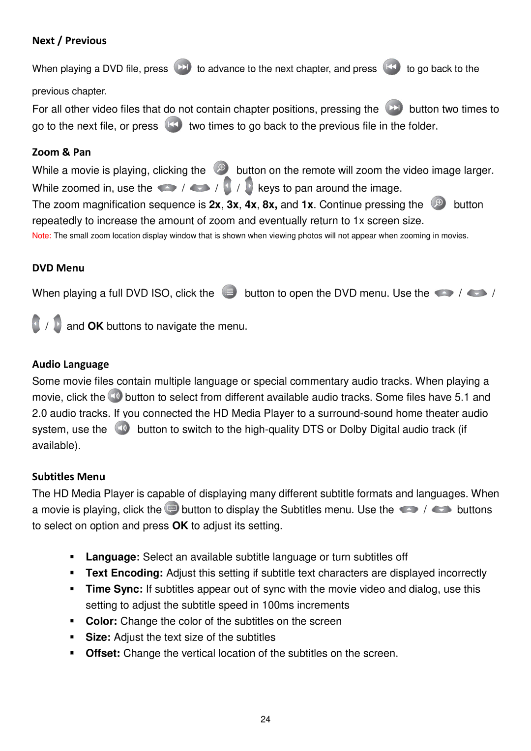 Transcend Information DMP10 user manual Next / Previous, Zoom & Pan, DVD Menu, Audio Language, Subtitles Menu 