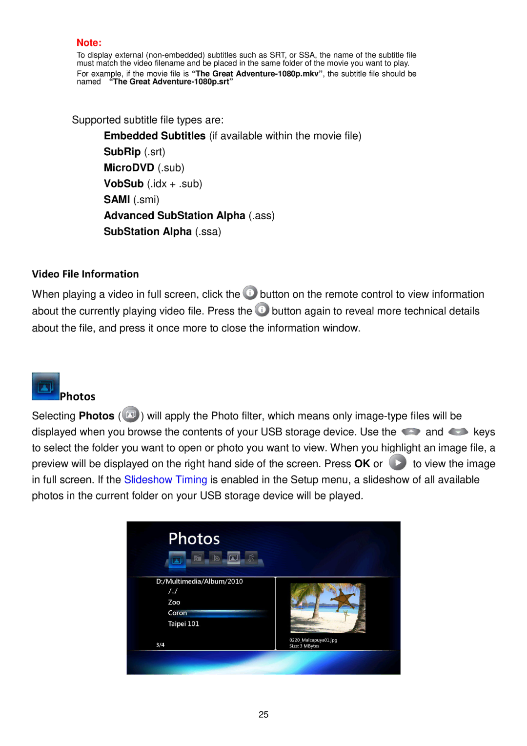 Transcend Information DMP10 user manual Video File Information, SubRip .srt MicroDVD .sub 