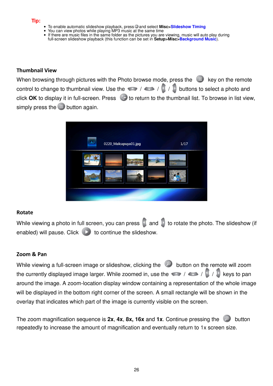 Transcend Information DMP10 user manual Thumbnail View, Rotate 