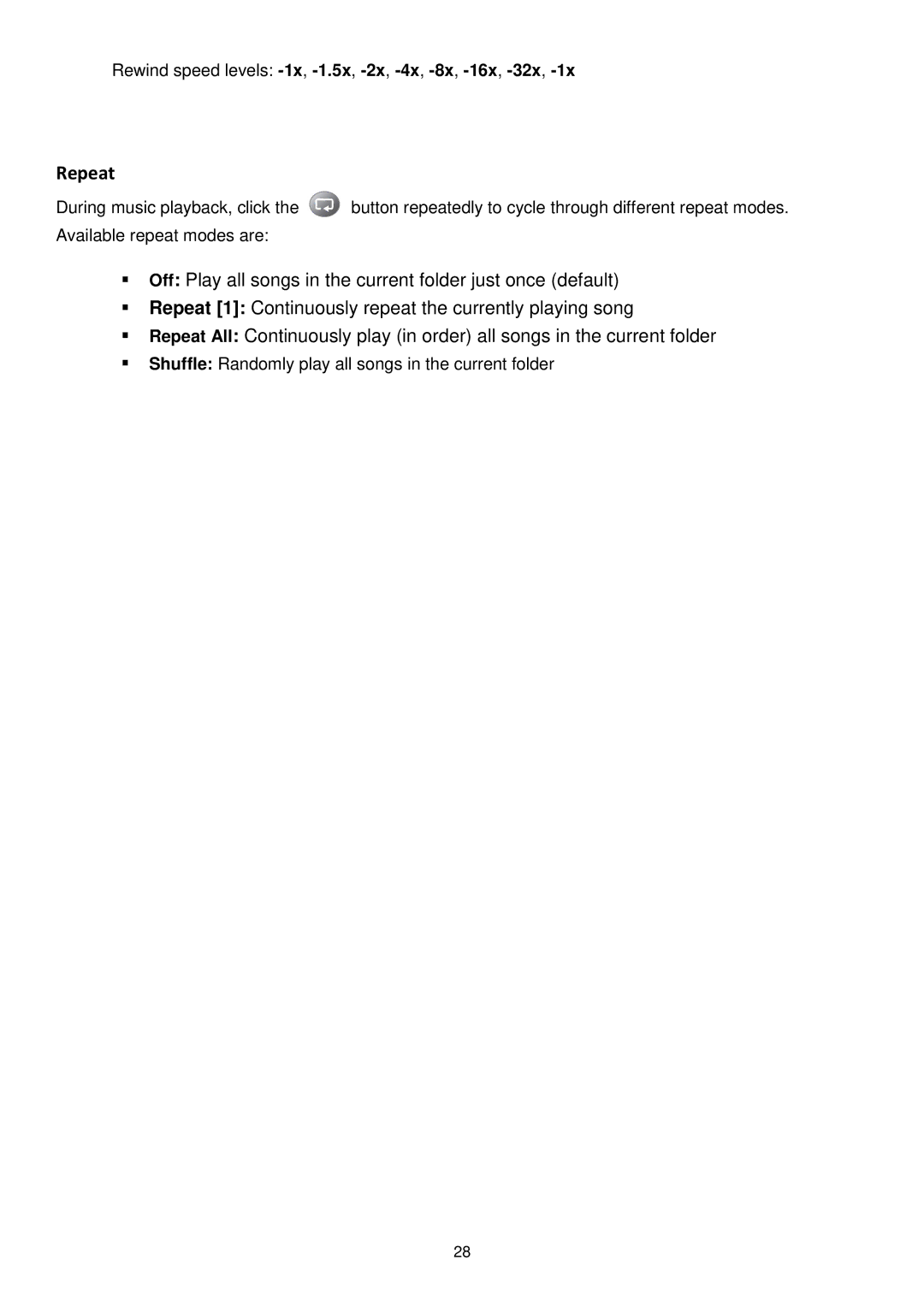 Transcend Information DMP10 user manual Rewind speed levels -1x, -1.5x, -2x, -4x, -8x, -16x, -32x 