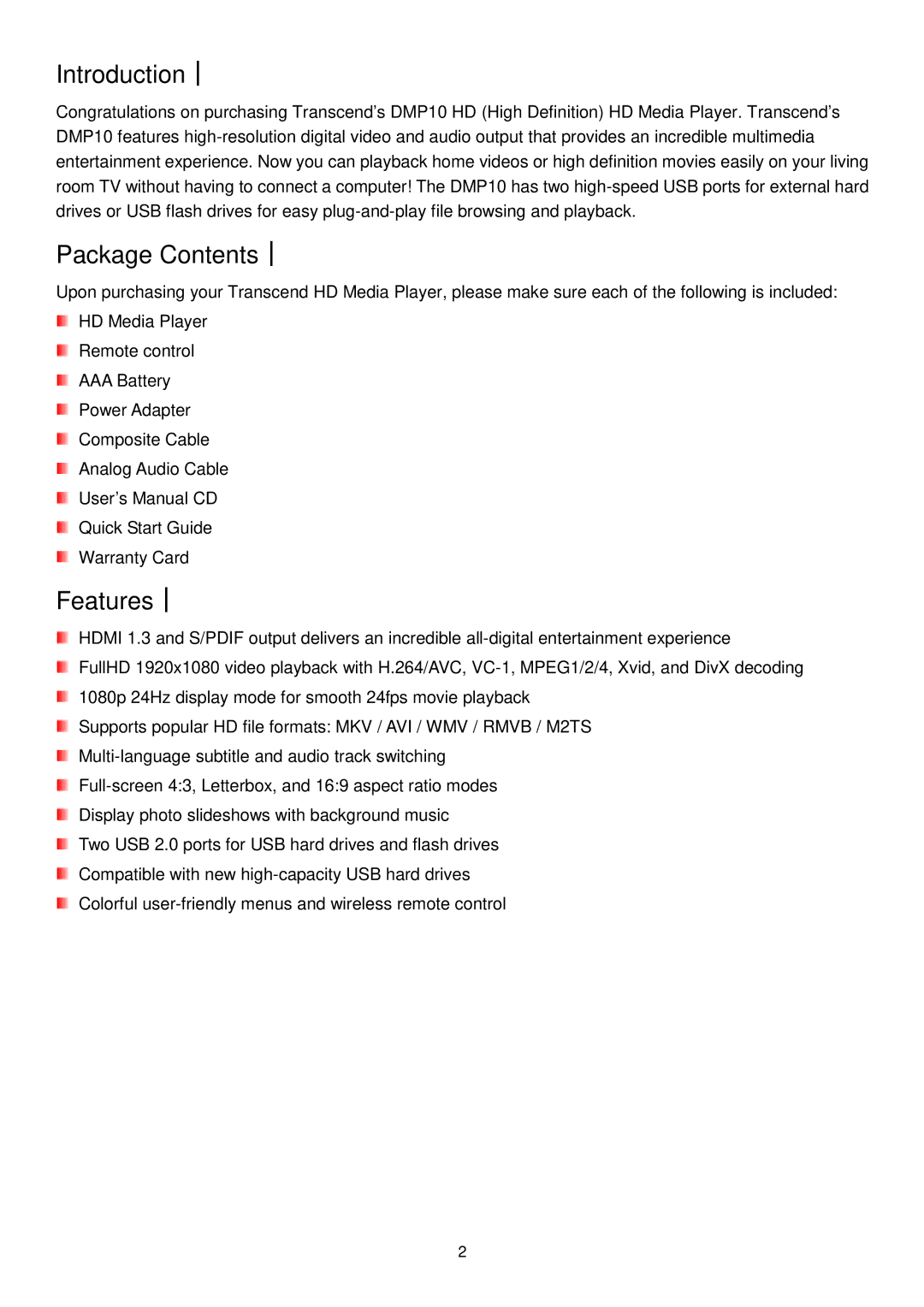 Transcend Information DMP10 user manual Introduction︱, Package Contents︱, Features︱ 