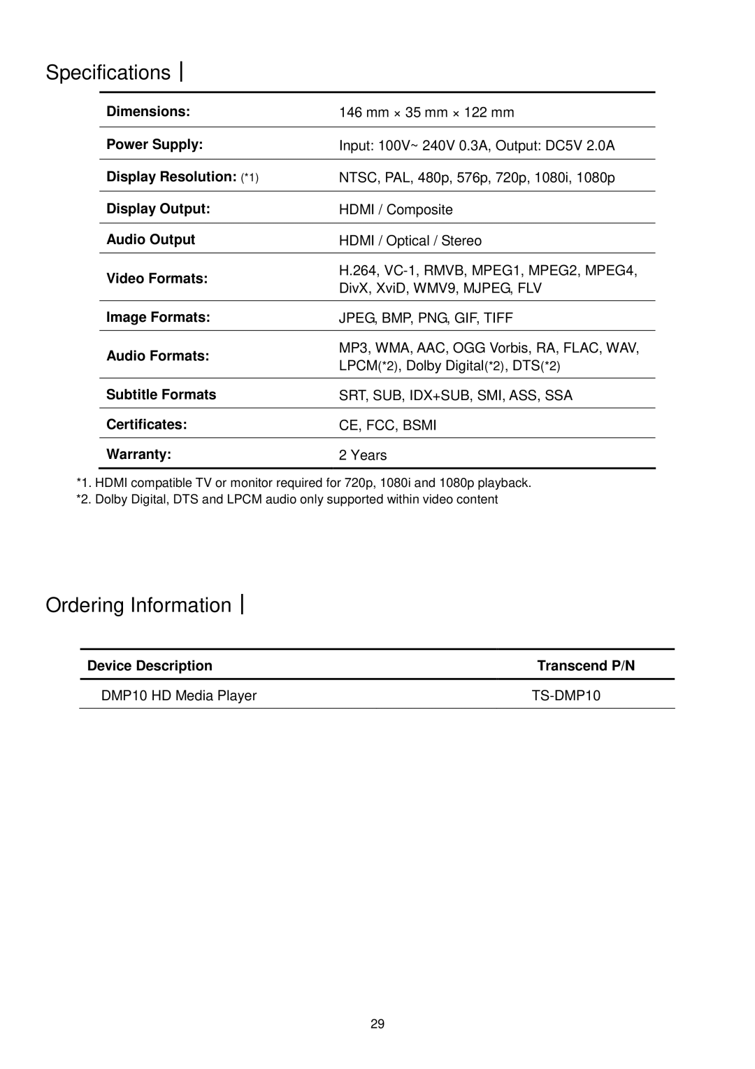 Transcend Information DMP10 user manual Specifications︱, Ordering Information︱ 