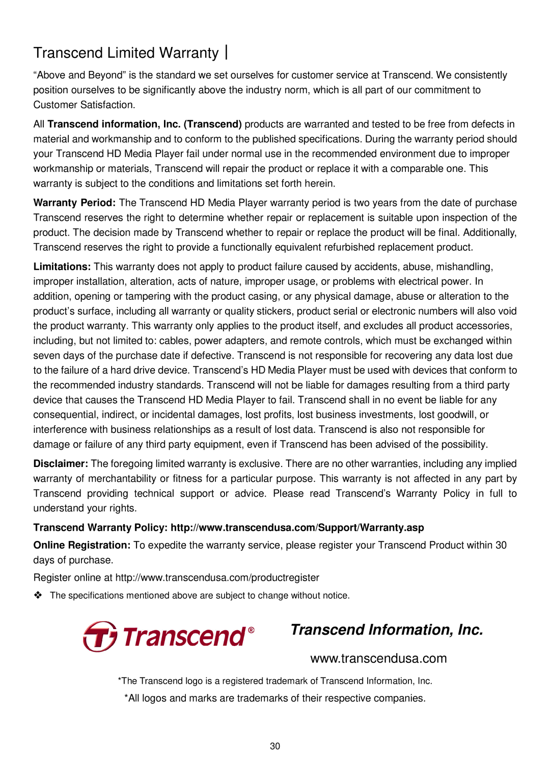 Transcend Information DMP10 user manual Transcend Limited Warranty︱, Transcend Information, Inc 